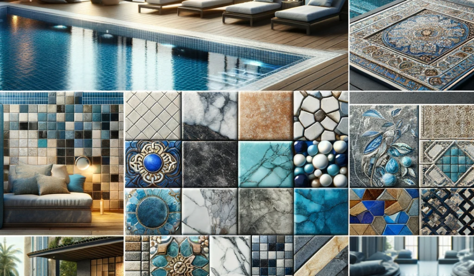 DALL·E 2024-01-18 11.15.18 - A collage showcasing a variety of pool lining materials including classic blue tiles, intricate mosaic patterns, sleek modern finishes, and natural st