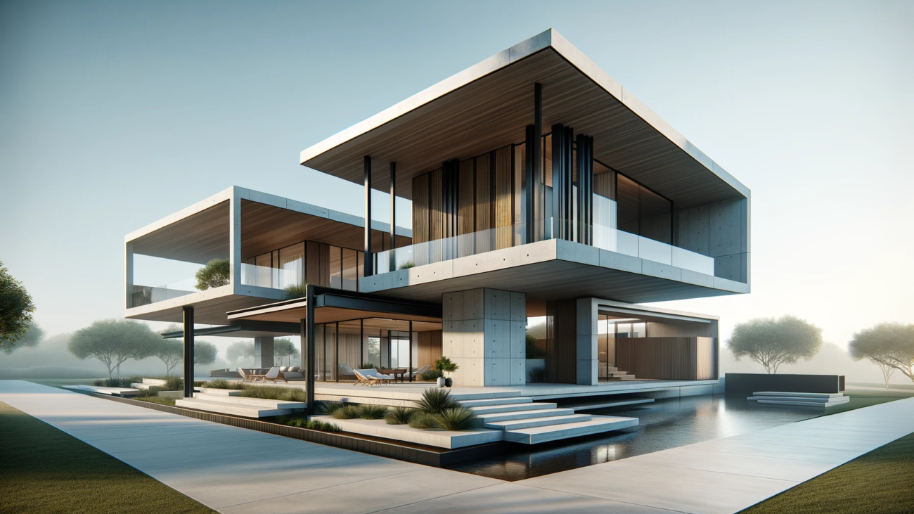 DALL·E-2024-03-08-15.11.00-A-modern-contemporary-house-featuring-cantilevered-structures-and-large-open-spans.-The-design-includes-sleek-lines-expansive-glass-walls-for-natural