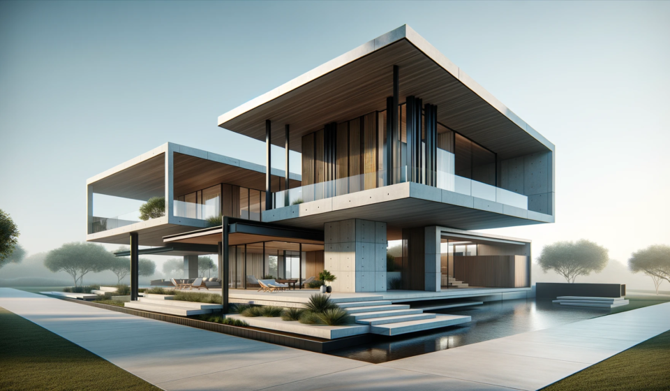 DALL·E-2024-03-08-15.11.00-A-modern-contemporary-house-featuring-cantilevered-structures-and-large-open-spans.-The-design-includes-sleek-lines-expansive-glass-walls-for-natural