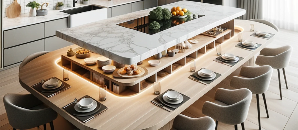 DALL·E-2023-10-18-13.54.00-Photo-of-a-kitchen-showcasing-a-unique-island-design-where-the-central-countertop-morphs-into-an-inset-dining-table.-The-main-island-offers-prep-space