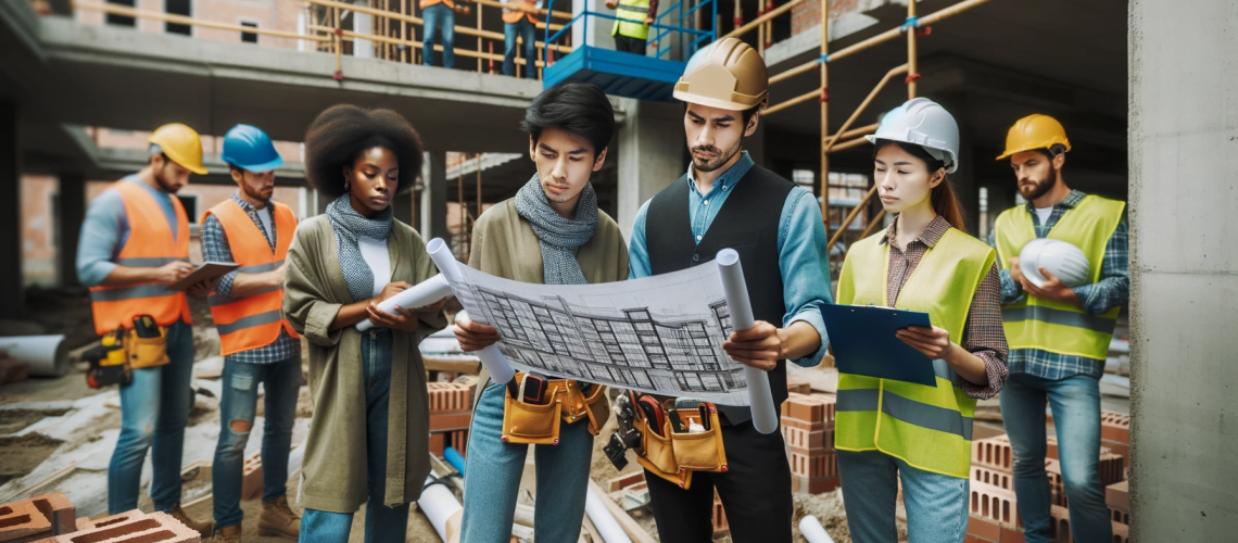DALL·E 2023-10-30 13.51.44 - Photo of a lively construction site filled with diverse professionals. A male engineer of Asian heritage examines blueprints intently alongside a fema